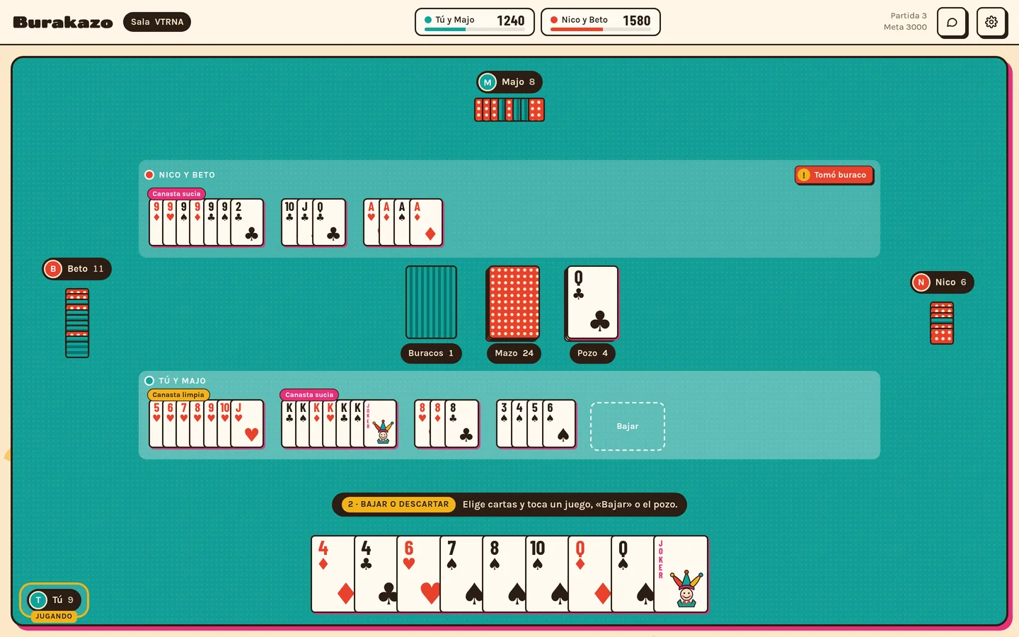 Mesa de 2 contra 2 en tu turno, con una canasta limpia y una sucia